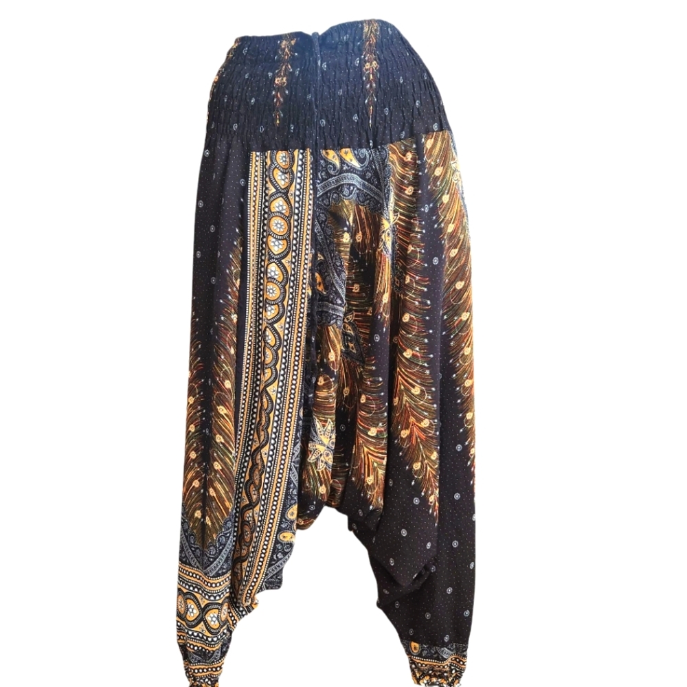 Bohemian-Harem Rayon Pants-Tribal Inspired Ornate Peacock Feather Print Soft L